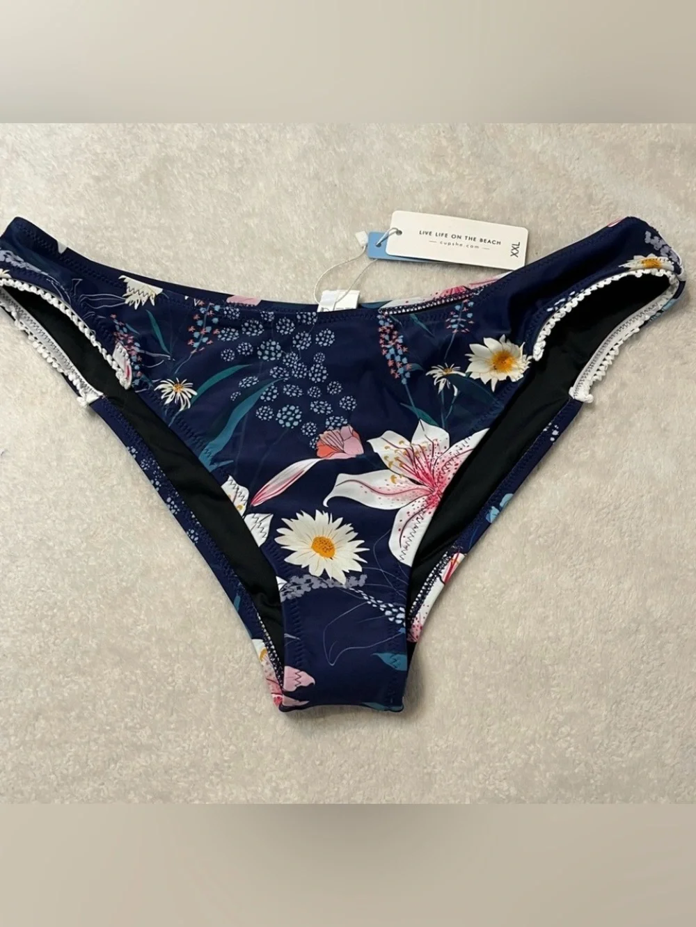 NWT Cupshe Navy Floral Crochet Trim Bikini Bottom Women's Size XXL